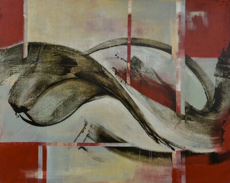 Abstract acrylic painting with red, blue, yellow and grey, by Alonso Durán's Flowing II