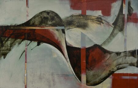 Abstract acrylic painting with red, blue, grey, by Alonso Durán Flowing I