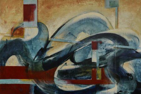 Contemporary Art painting. Abstract acrylic painting with red, blue, orange and yellow, by Alonso Durán Called Forces of Nature. Showcasing colorful costa rican art.
