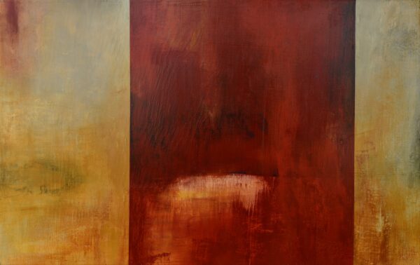 Red, orange and yellow abstract Costa Rica Sunset painting, vertical blocks of colour, by Alonso Durán.
