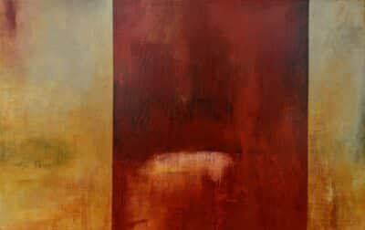 Red, orange and yellow abstract Costa Rica Sunset painting, vertical blocks of colour, by Alonso Durán. Showcasing Contemporary Art painting. Showcasing colorful costa rican art.