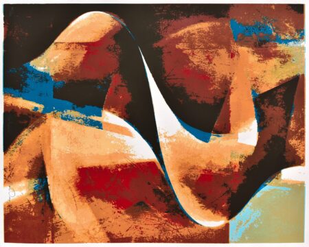 Bold abstract serigraph on paper with red, orange, blue and black, by Alonso Durán.