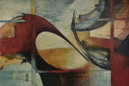 Abstract acrylic painting with blue, red, orange and grey, by Alonso Durán Abstract