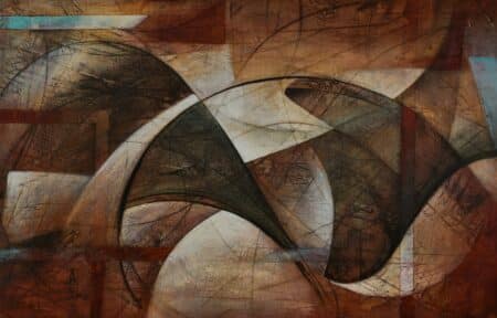 Abstract acrylic painting with brown, orange and red, and streaks of light blue, by Alonso Durán. Called Superficie Helicoidal VIII