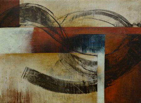Abstract acrylic painting with red, blue, orange and grey,by Alonso Durán. Abstract windswept painting