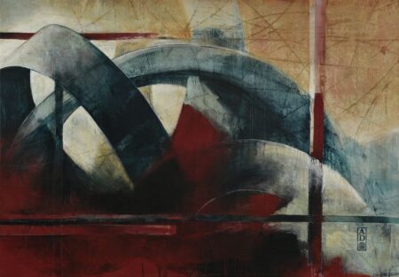 Abstract acrylic painting with blue, red, orange and grey, by Alonso Durán's Acrylic on canvas