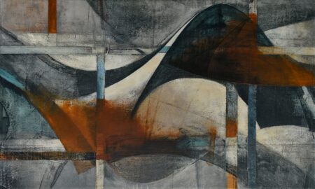 Abstract acrylic painting with red, blue and grey, by Alonso Durán. Construcción Tridimensional II