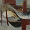 Abstract acrylic painting with red, blue, grey and orange, by Alonso Durán. Called Construcción Tridimensional III