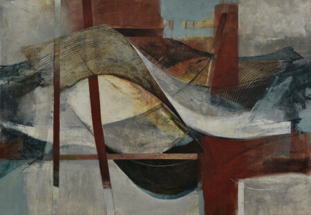 Abstract acrylic painting with red, blue, grey and orange, by Alonso Durán. Called Construcción Tridimensional III
