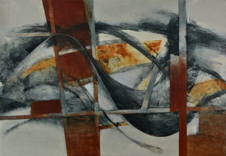 Abstract acrylic painting with red, blue, orange and grey, by Alonso Durán. called Construccion Tridimensional lV