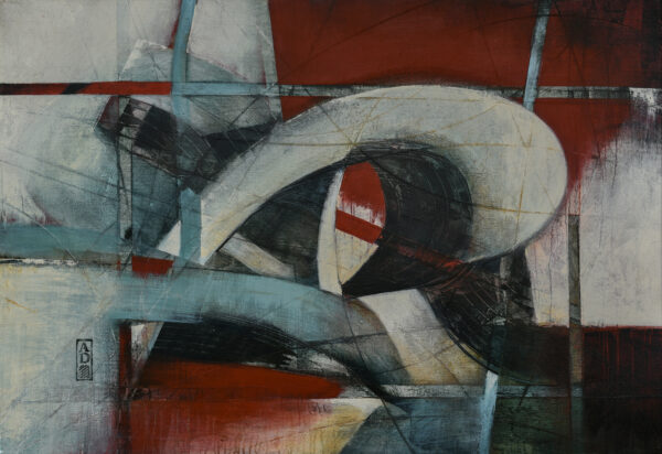 Abstract acrylic painting with red, blue, grey by Alonso Durán called Construcción Espacial VI