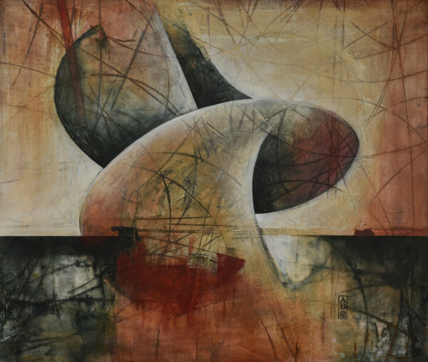 Abstract acrylic painting with orange, brown, red and grey, by Alonso Durán. Mathematics painting