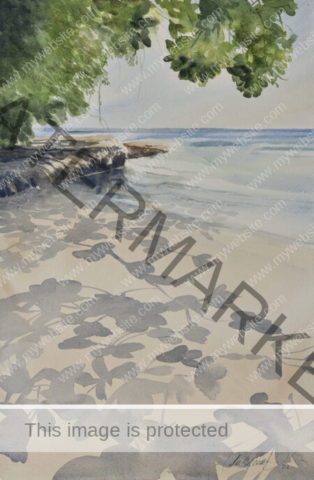 Costa Rica watercolour of beach and ocean, with dappled sunlight casting shadow over the sand, Ana Elena Fernández.
