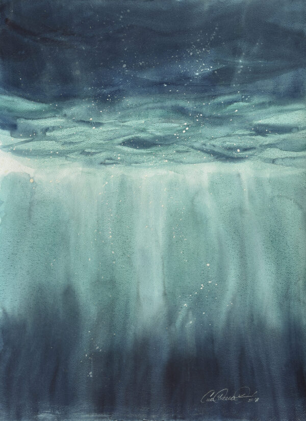 Sunlight in water abstract watercolour. Watercolour of underwater scene, lots of blue, turquoise colours as the light penetrates from above. By Ana Elena Fernández.