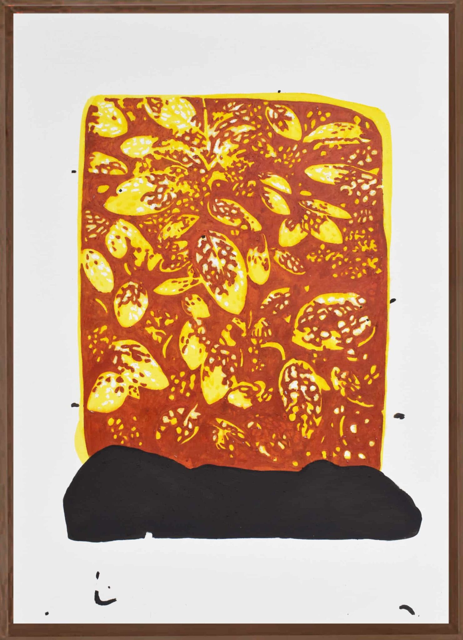 Abstract acrylic painting of orange rectangle featuring yellow leaves, Carlos Fernández.