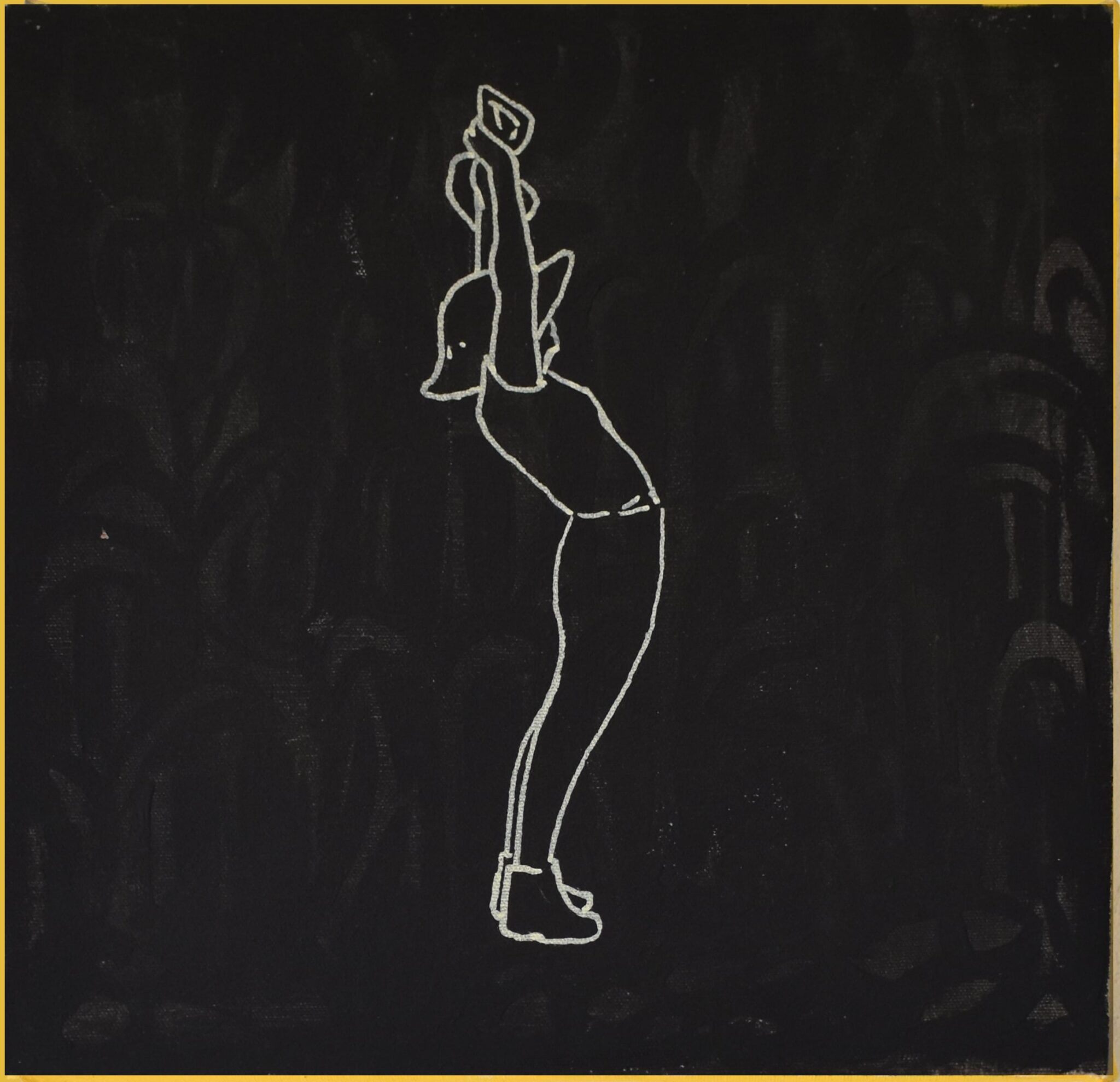Black acrylic painting with a simple white outline of a farmer figure, Carlos Fernández.