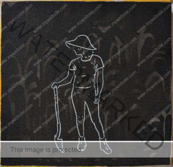 Black acrylic farmer painting with a simple white outline of a farmer figure, Carlos Fernández.