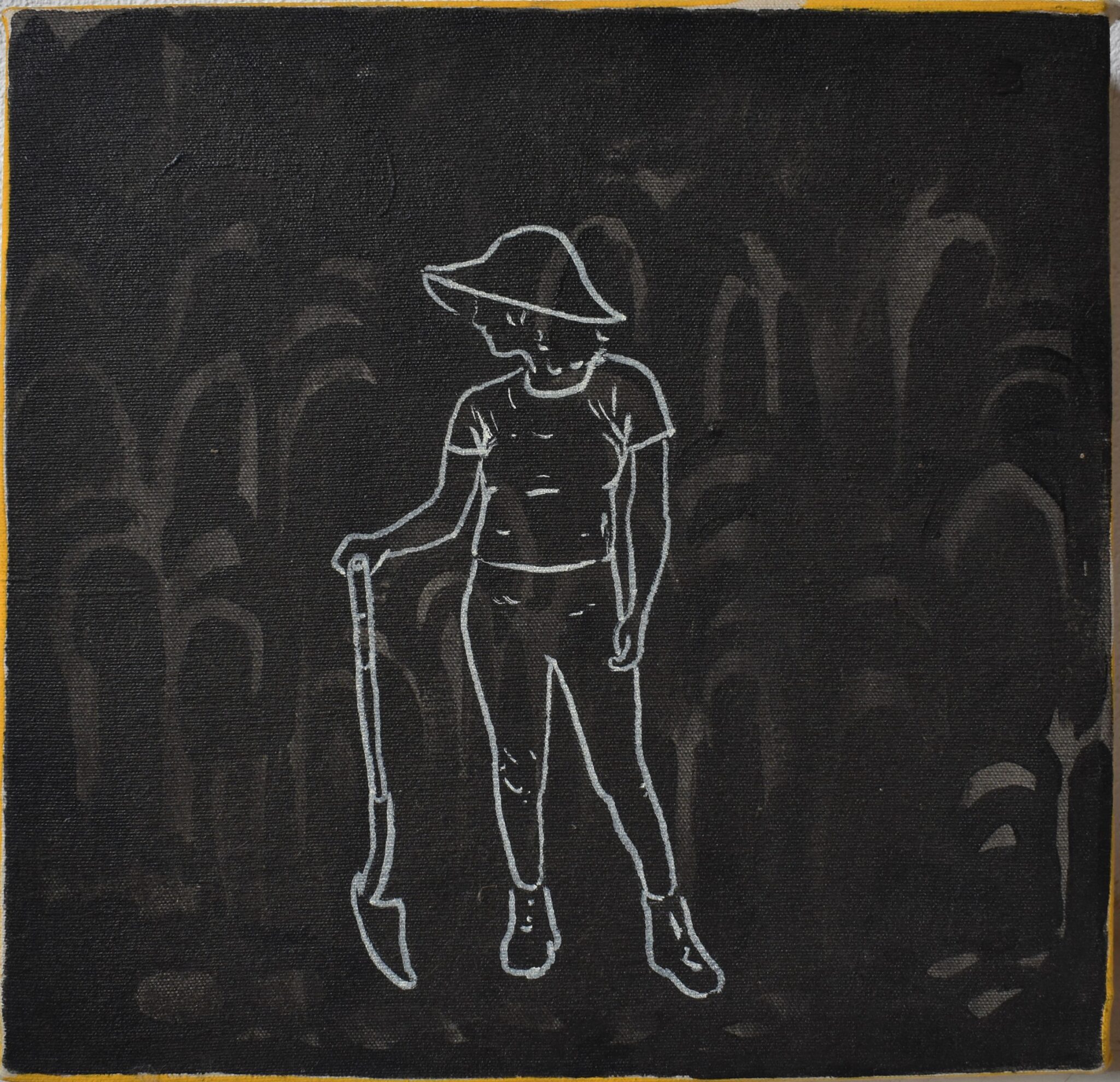 Black acrylic farmer painting with a simple white outline of a farmer figure, Carlos Fernández.