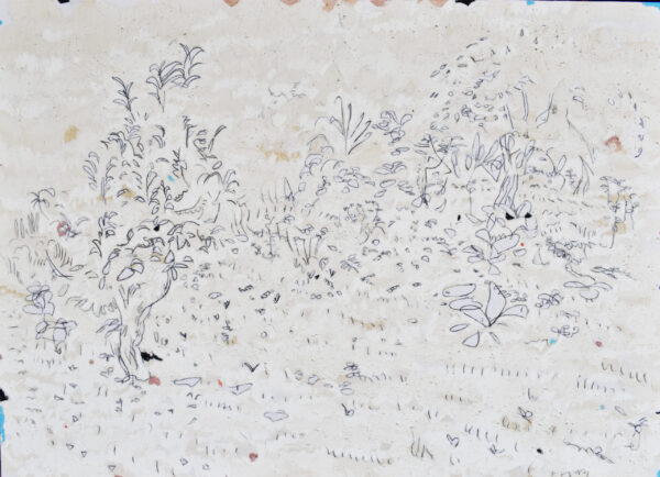White and grey abstract painting of flecks of leaves and plants, Carlos Fernández.