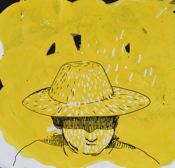 Bright yellow painting of man with hat, Carlos Fernández. Farmer with sombrero painting