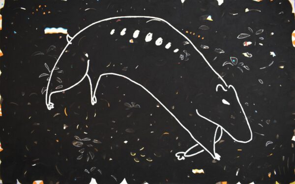 Black painting with simple, white outline of a rodent, Carlos Fernández.