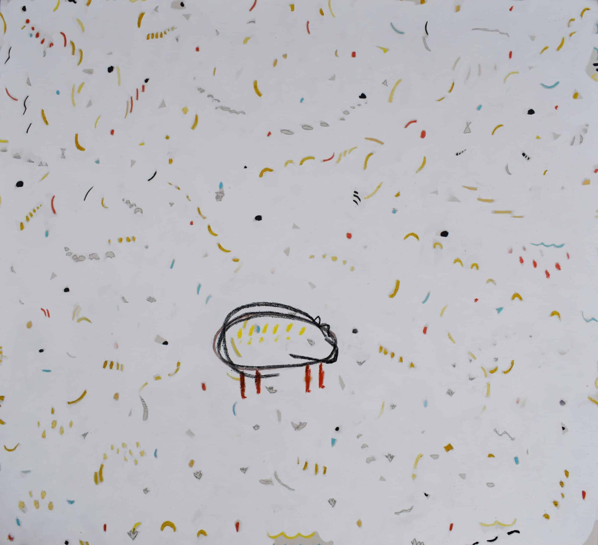 White and grey abstract painting featuring dots of soil and a small outline of a rodent, by Carlos Fernández. Abstract rodent painting