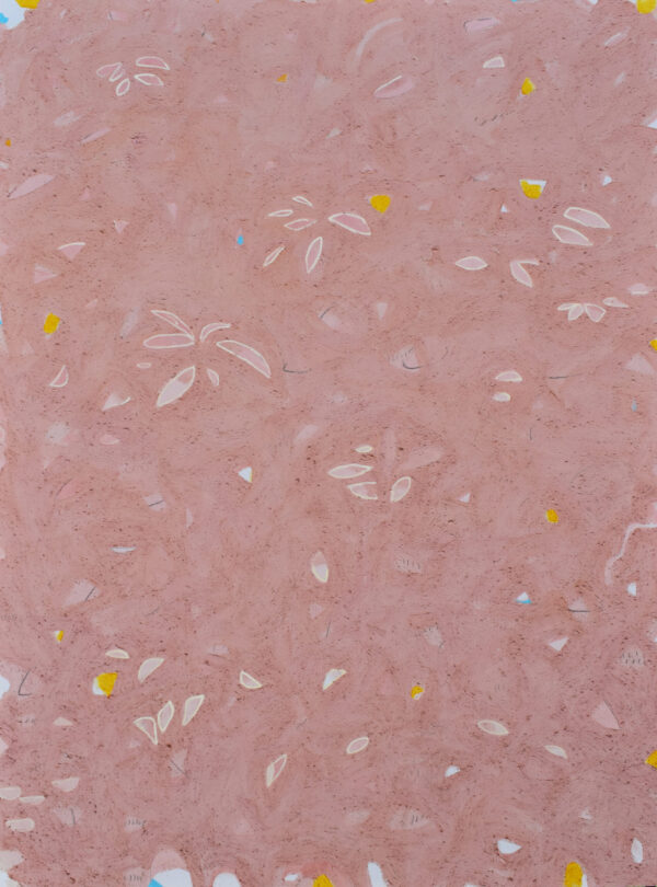 Pink abstract painting of small leaves/plants, Carlos Fernández. Called soil, turmeric and acrylic painting