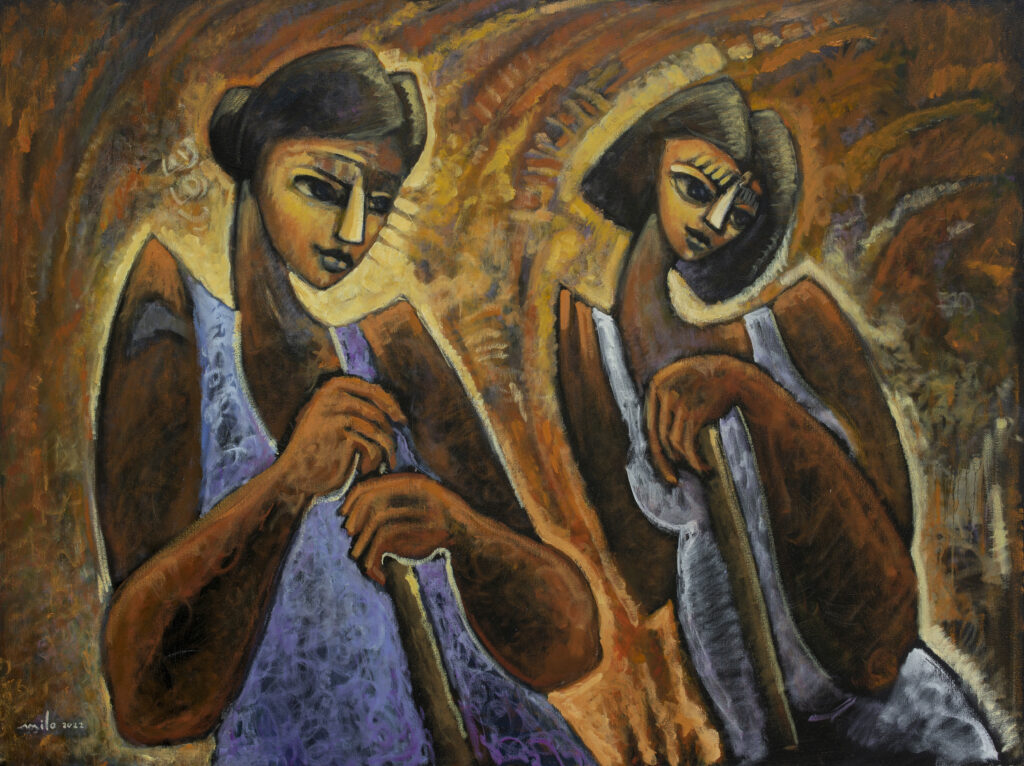 Oil painting by Milo Gonzlaez of two ladies cleaning. They hold brooms in their hand and appear to be engaged with something. The colours are brown, orange and yellow and their dresses are a purple blue. Promoting artist gallery MÍRAME Fine Art.