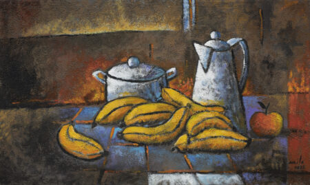 Rustic still life painting by Milo Gonzalez, featuring plantain scattered on a table with a pot and kettle. It's a cosy interior setting, creating the atmosphere of domesticity.