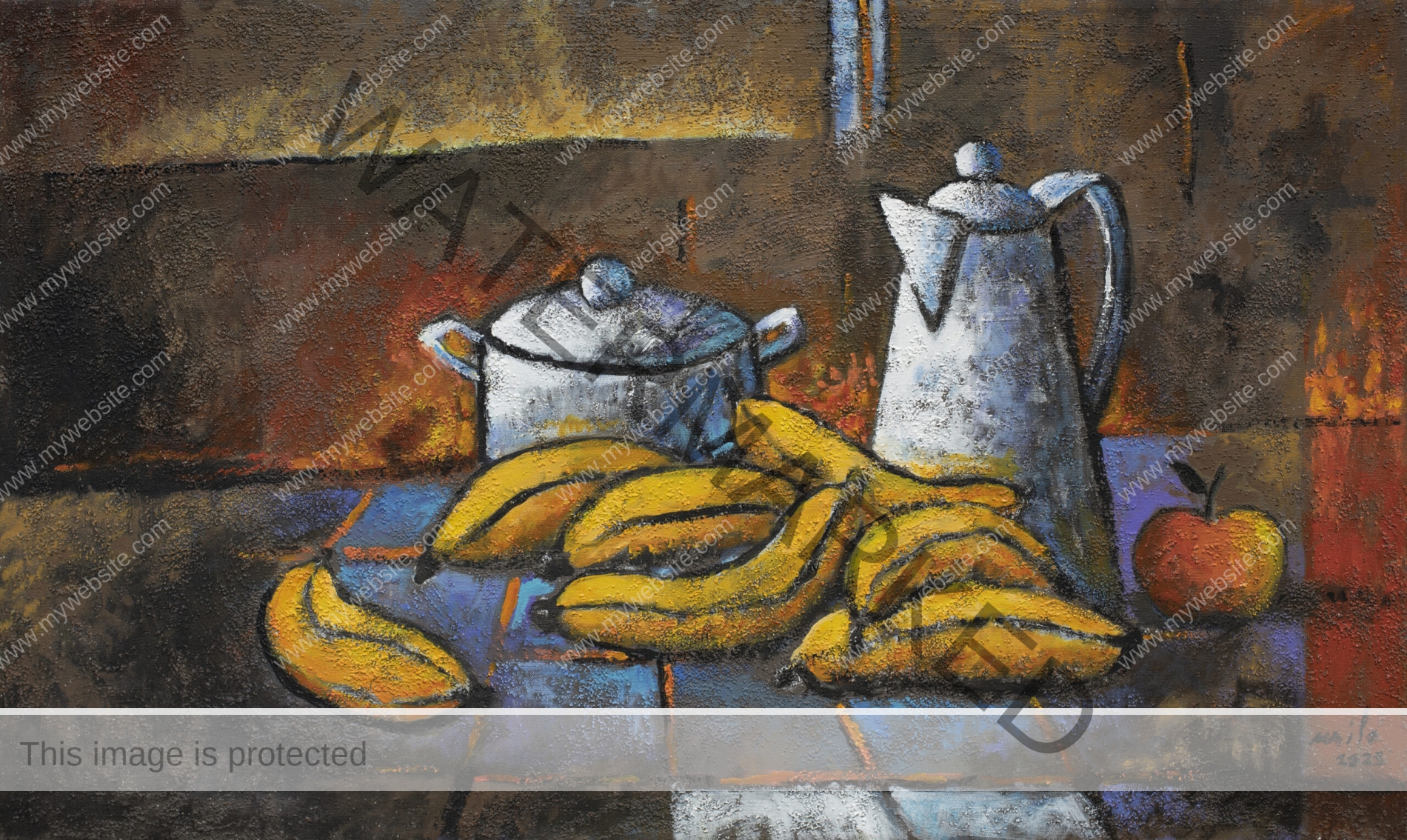 Rustic still life painting by Milo Gonzalez, featuring plantain scattered on a table with a pot and kettle. It's a cosy interior setting, creating the atmosphere of domesticity.