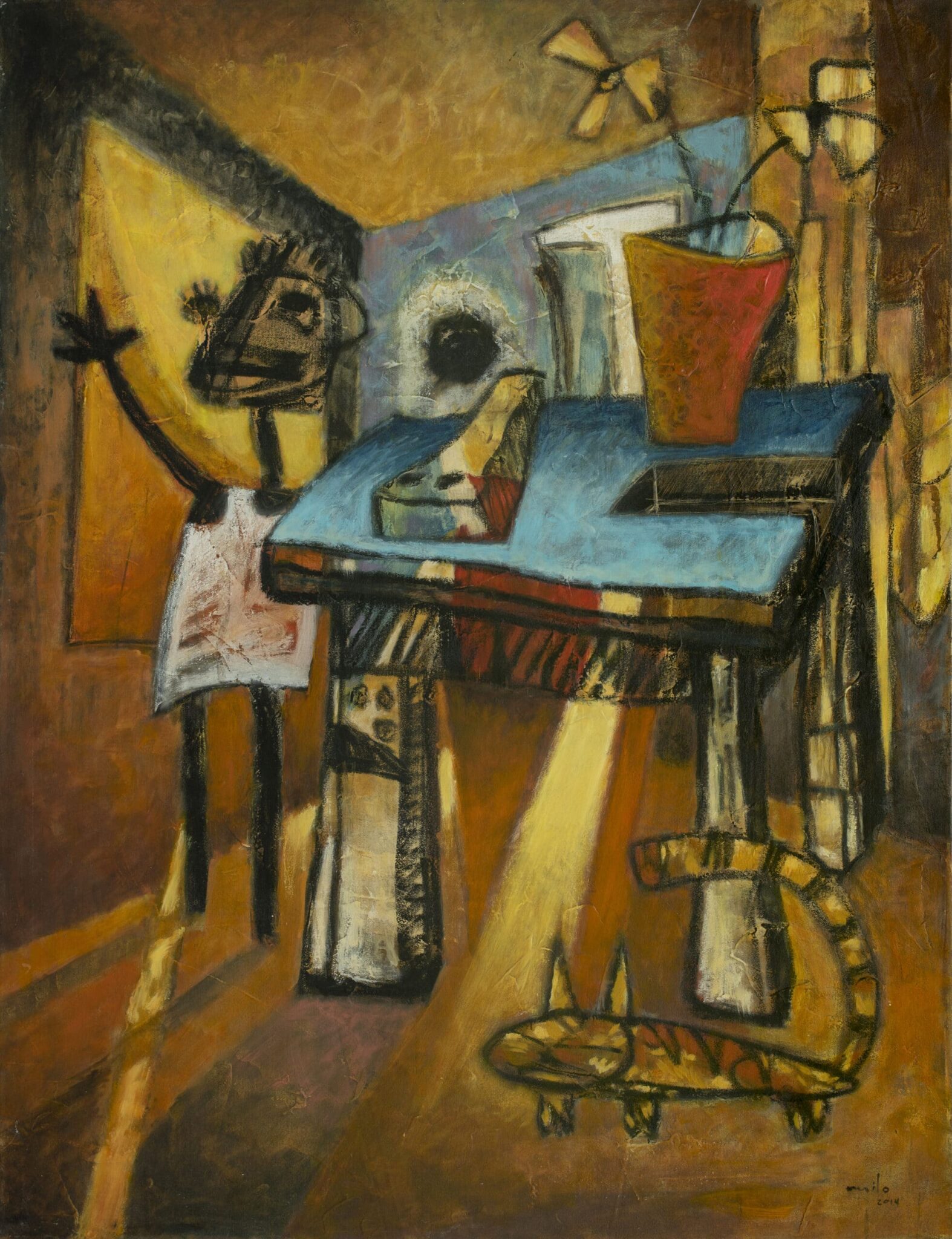 Scene from Cocorí, which is Costa Rican literature, by Milo Gonzalez. Cocorí is gleefully singing with an arm raised in the air.
