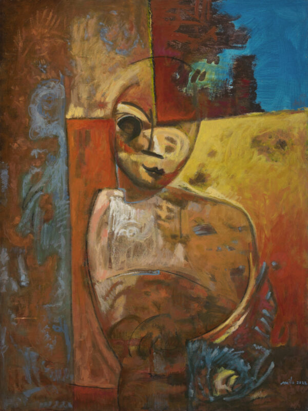 red composition painting by Milo Gonzalez. With bright tones of blue, yellow and red, there is a suggestion of a human head and torso in the centre.