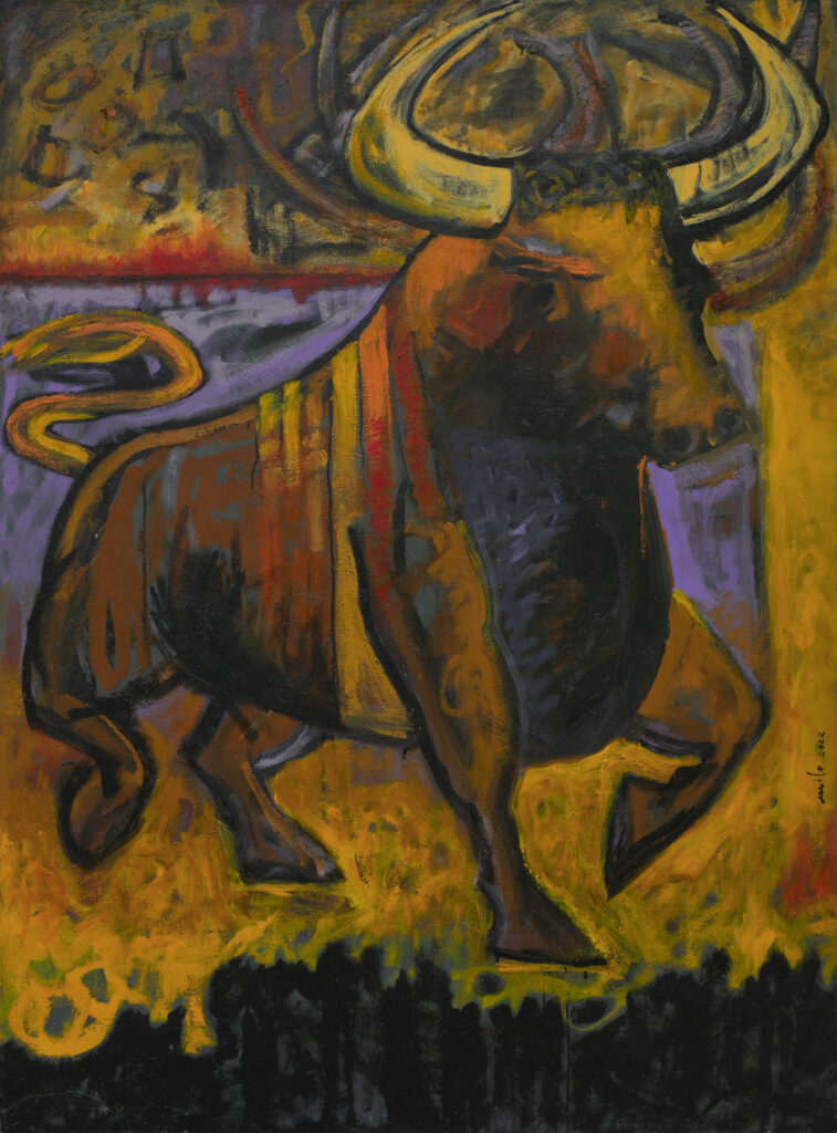 Large Costa Rican bull painting by Milo Gonzalez. Predominantly painted with gold and brown colours, Gonzalez punctuates with red, purple and orange to create a striking and powerful composition.