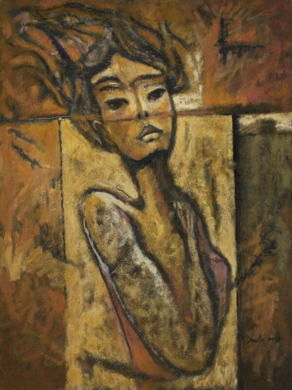 sensual female portrait by Milo Gonzalez, featuring a woman with her hair blowing in the breeze. The colour pallet is orange, yellow and brown, creating earthy sensuality and a touch of eroticism.