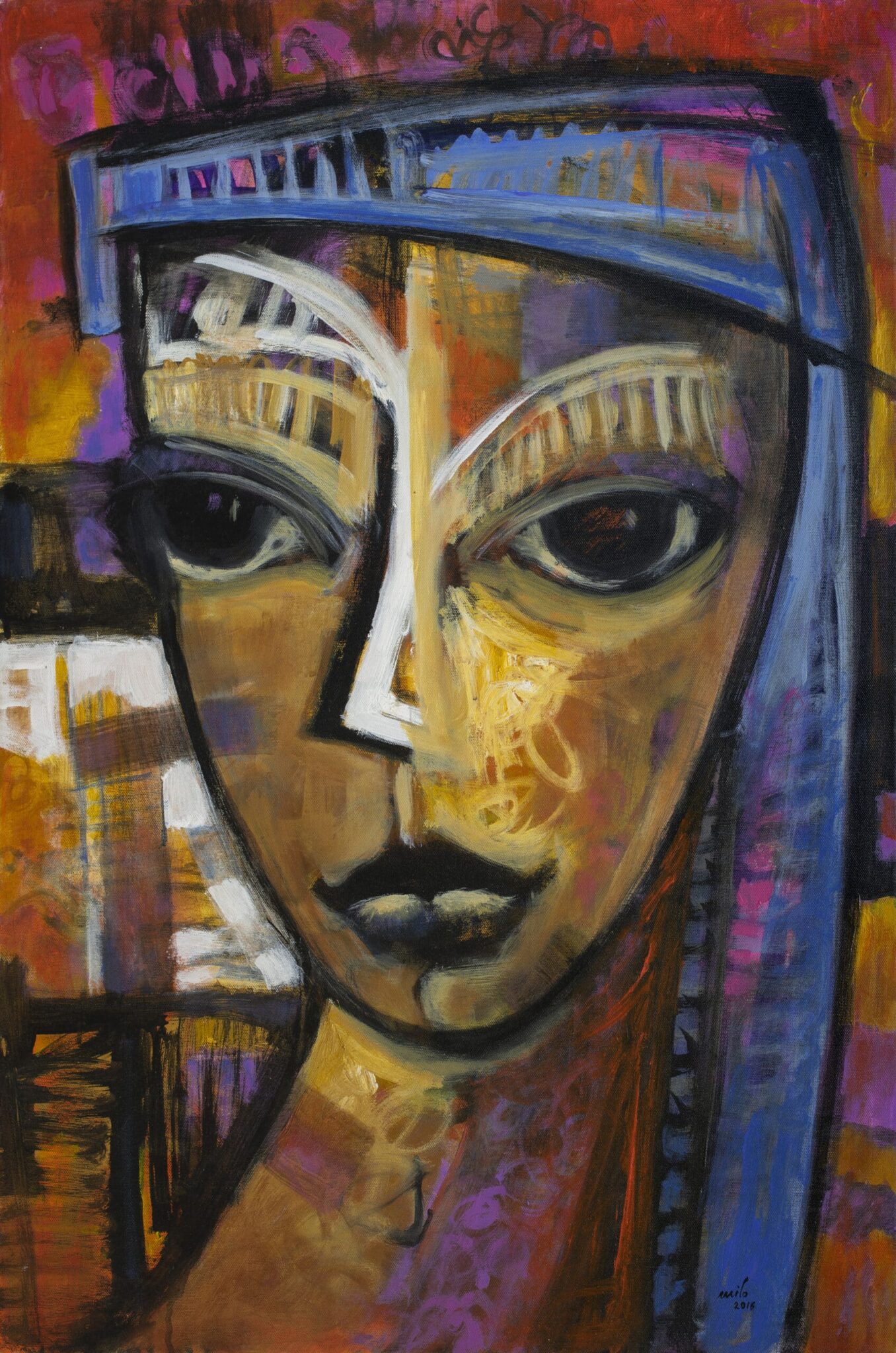 cubist portrait painting of a woman by Milo Gonzalez. It's sensual and intimate as we focus in on her face, her large eyes staring out of the canvas. The earthy colour pallet is elevated with blues and purples, adding to the sensuality.