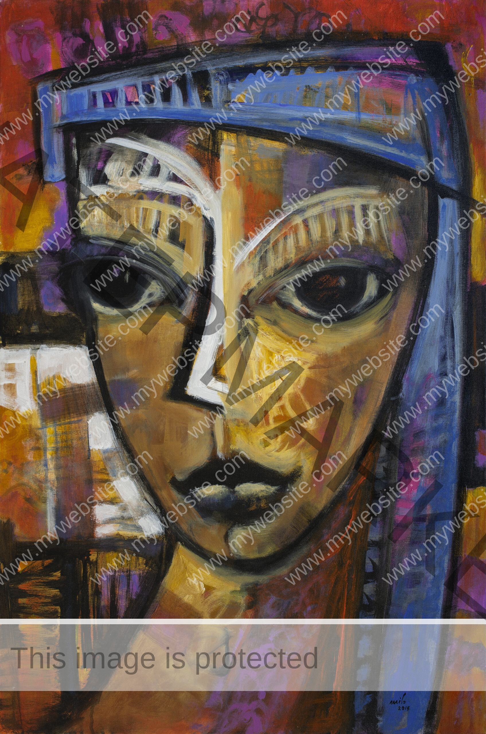 cubist portrait painting of a woman by Milo Gonzalez. It's sensual and intimate as we focus in on her face, her large eyes staring out of the canvas. The earthy colour pallet is elevated with blues and purples, adding to the sensuality.