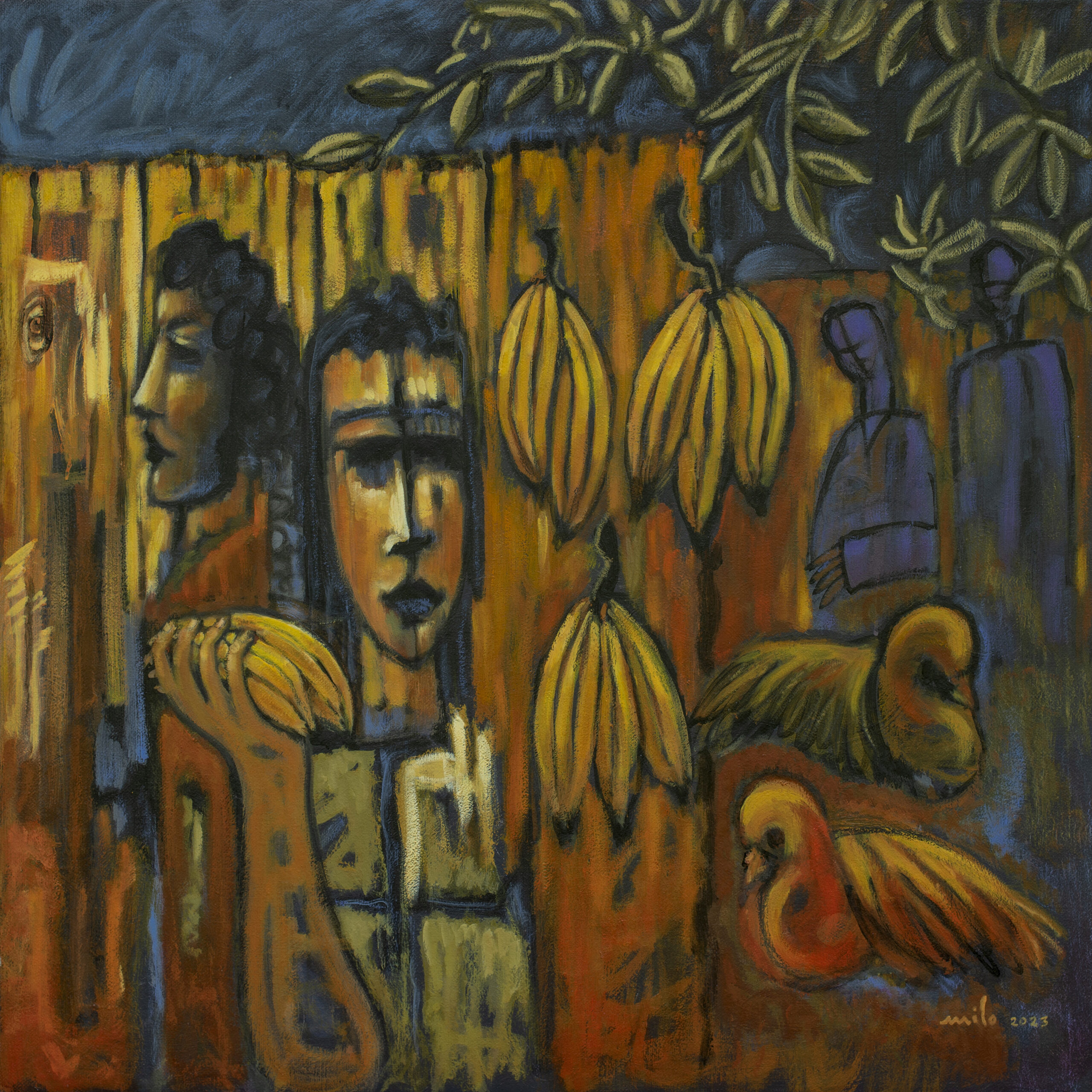 A rustic Costa Rican market painting by Milo Gonzalez, featuring plantain sellers.