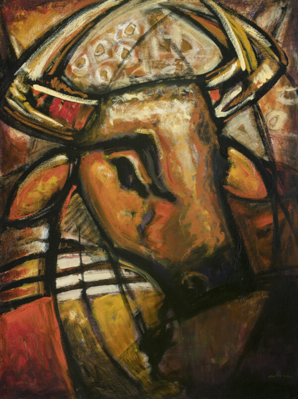 red bull painting titled Toro en Rojo by Milo Gonzalez, featuring a close-up, cubist portrayal of a bull's head and shoudlers, gold horns on its head.