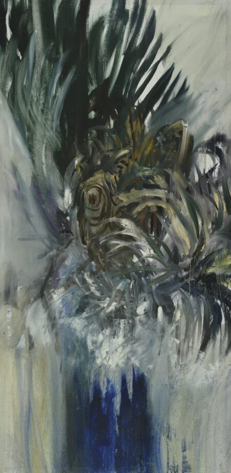 “Bodegón con fondo blanco” is an abstract work with energetic green, brown, white, and blue strokes suggesting vivid organic forms. , an original work available at MÍRAME Fine Art.