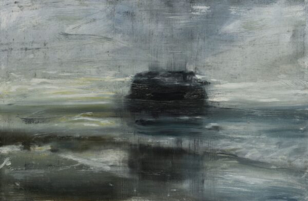atmospheric landscape painting by Olga Anaskina, depicting an island on the horizon and its reflection in the damp sand in the foreground.
