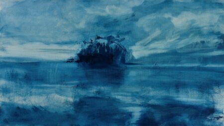 Blue island painting by Olga Anaskina, depicting her typical expressive brushwork conveying dynamic weather and atmosphere.