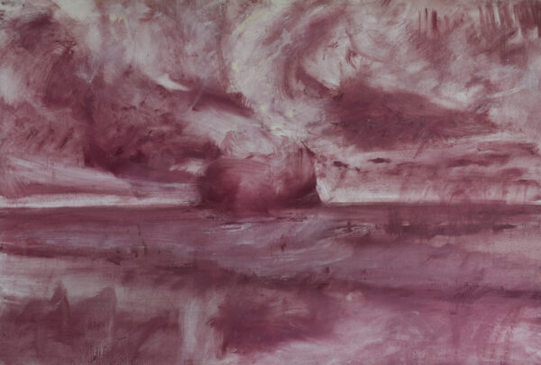 Pink island painting by Olga Anaskina, featuring the vista of an island out in the ocean. Painted in shades of pink with expressive brushstrokes, Anaskina creates a sense of dynamic energy and atmosphere.