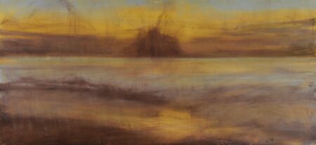 El Lugar Que Habito. Olga Anaskina's landscape painting of a beach landscape with island on the horizon, in the ocean. Colours of yellow, blue and brown, with impressionist brushstrokes evoke a sensual atmosphere.