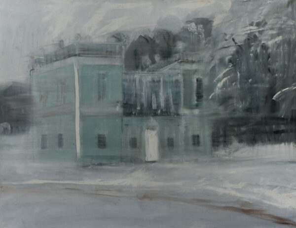 White door painting by Olga Anaskina, featuring a cold sombre building with a white door, painted with whites, greys and blues.