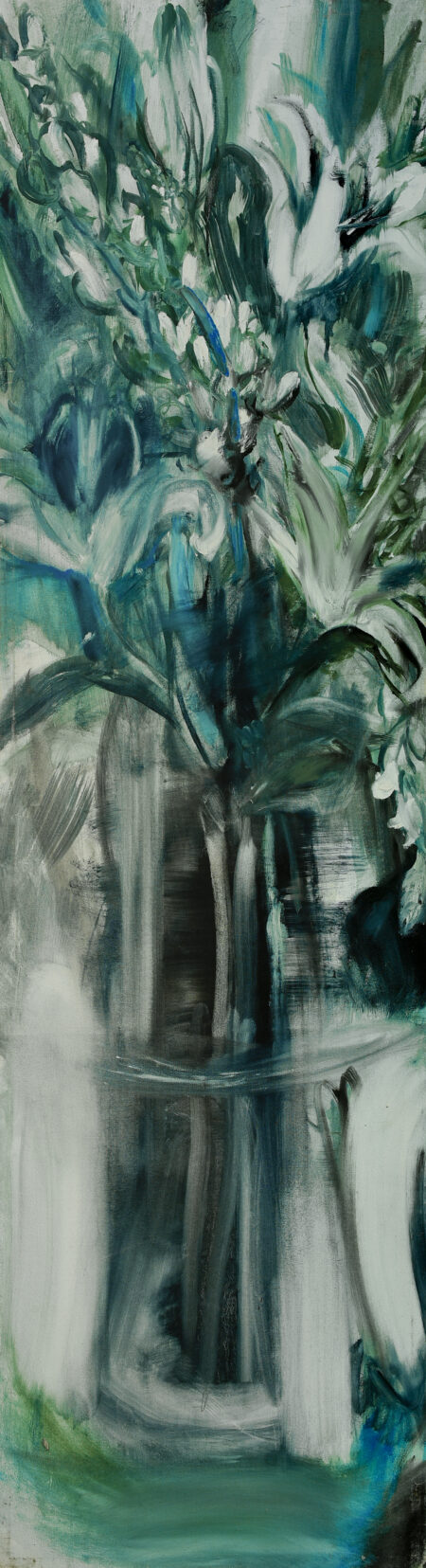 turquoise Lily painting by Olga Anaskina, featuring Lilies in a vase painted in an impressionist style with a colour pallet of turquoise and white.