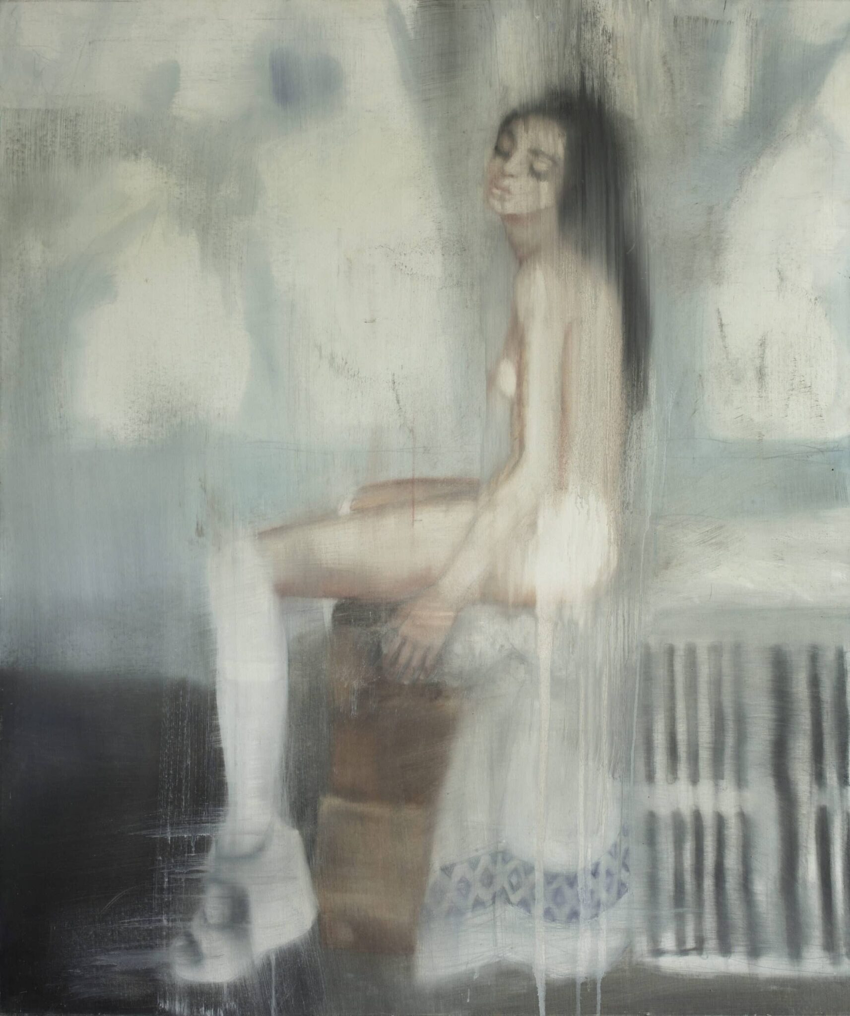 transformative art. Olga Anaskina painting of a nude woman sitting on a chair. The painting is voyeuristic and shows her from the side, her face slightly turned to us. Her eyes are closed and her body language is forlorn.