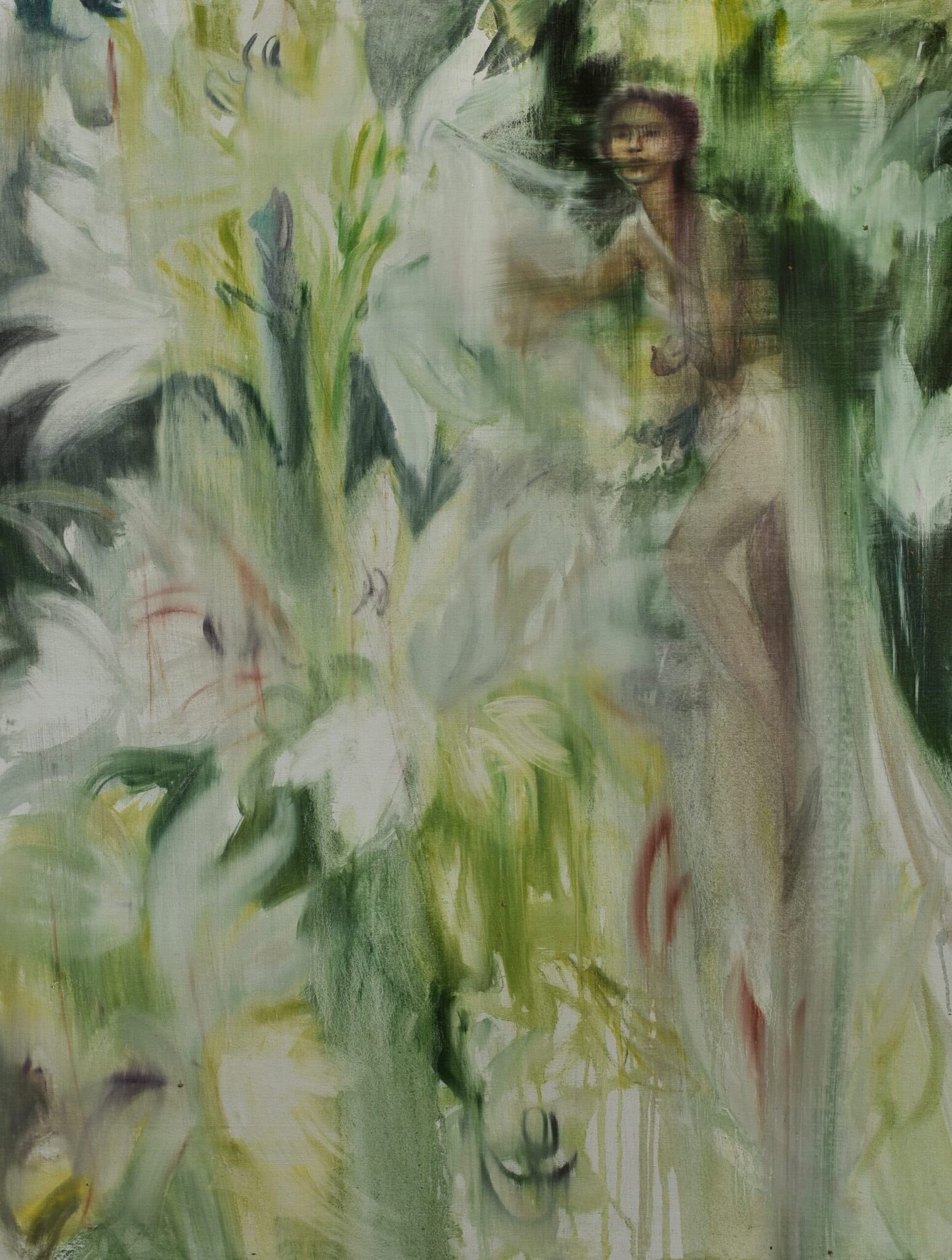 surreal floral painting by Olga Anaskina featuring a close-up of flowers in bloom, with a small figure amongst the petals. It's surreal and fantastical.