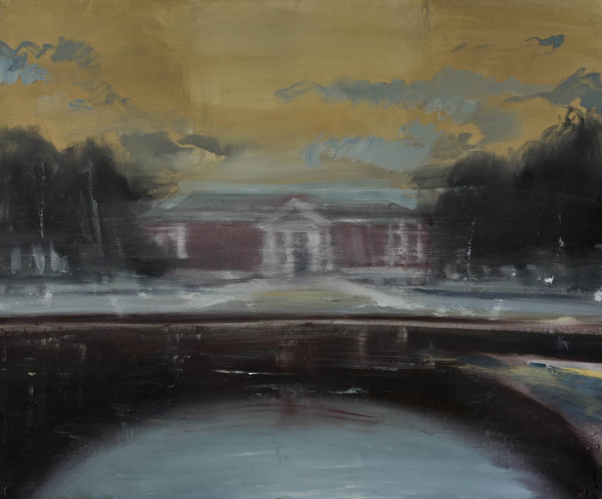 Majestic palace painting by Olga Anaskina, featuring a palace in a park, surrounded by trees. The yellow sky with blue clouds creates a surreal and enchanted tone.