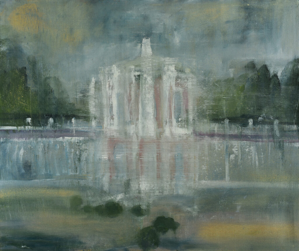 Landscape with palace painting by Olga Anaskina, featuring a palace with its reflection in water. Painted predominately with blues and greens, Anaskina creates a lively mood.