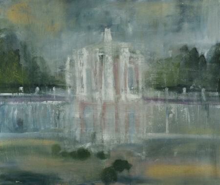 Landscape with palace painting by Olga Anaskina, featuring a palace with its reflection in water. Painted predominately with blues and greens, Anaskina creates a lively mood.